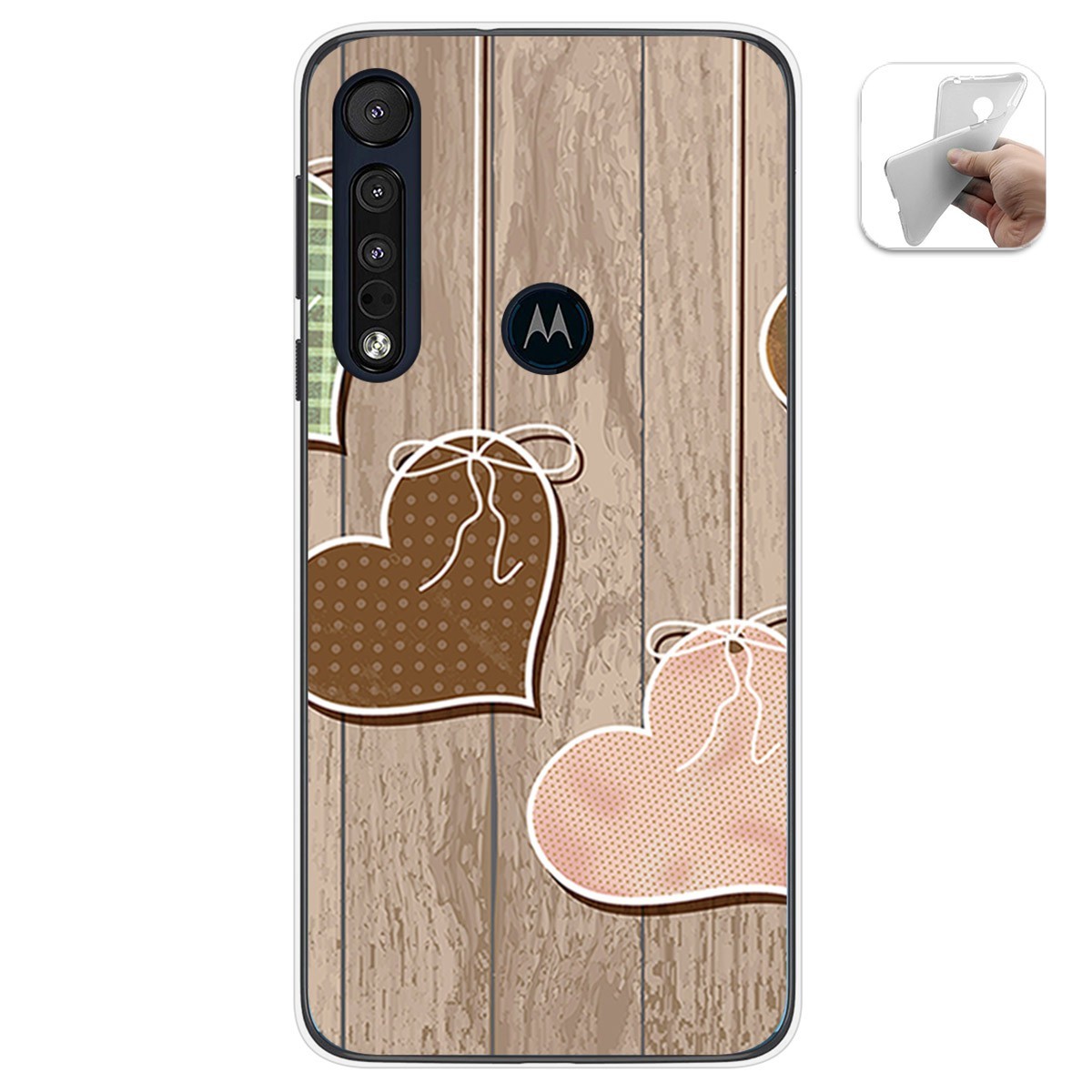 Funda Gel Tpu para Motorola One Macro diseño Corazones Madera Dibujos