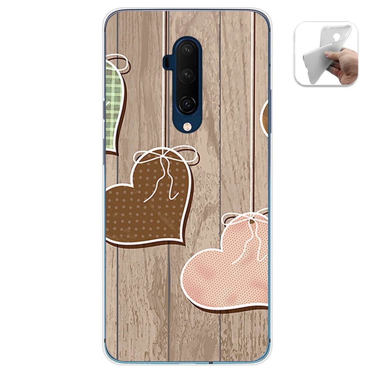 Funda Gel Tpu para Oneplus 7T Pro diseño Corazones Madera Dibujos