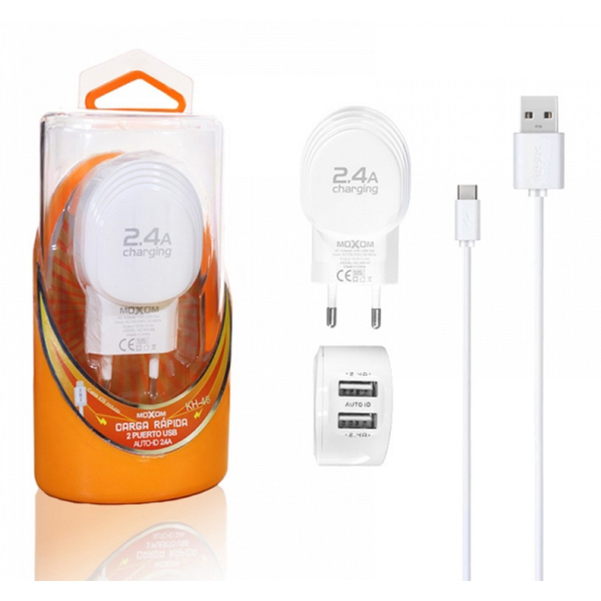 Cargador de Red + Cable USB Tipo C 2,4A Carga Rápida Marca Moxom