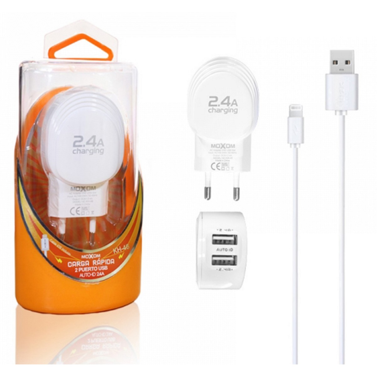 Cargador de Red + Cable Lightning 2,4A Carga Rápida Marca Moxom