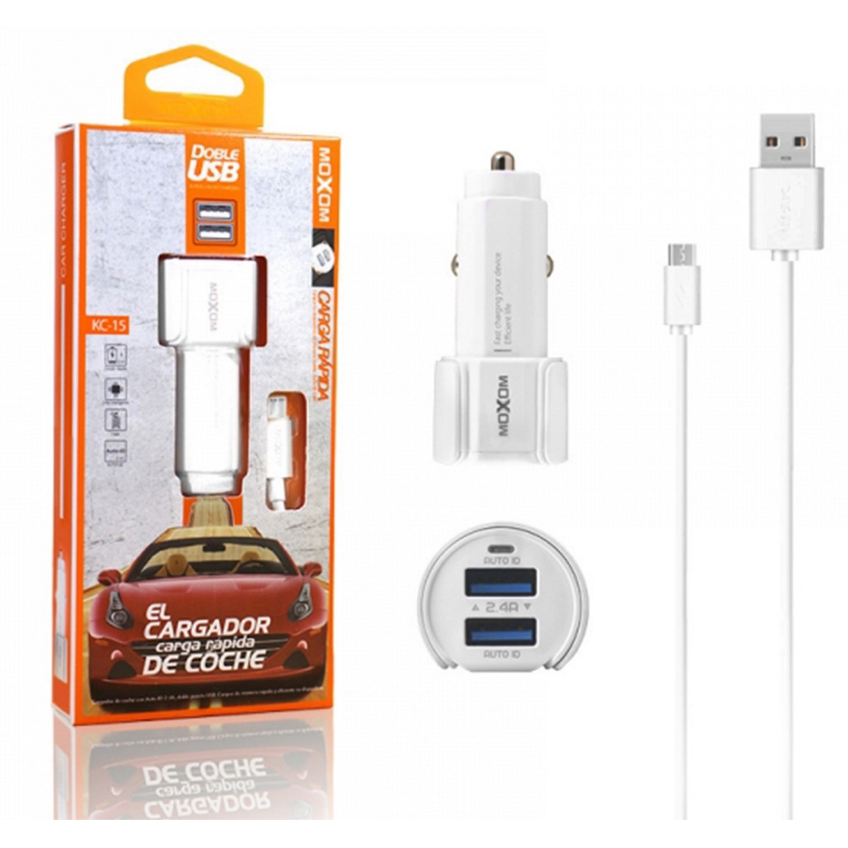 Cargador de Coche + Cable Micro USB 2,3A Carga Rápida Marca Moxom
