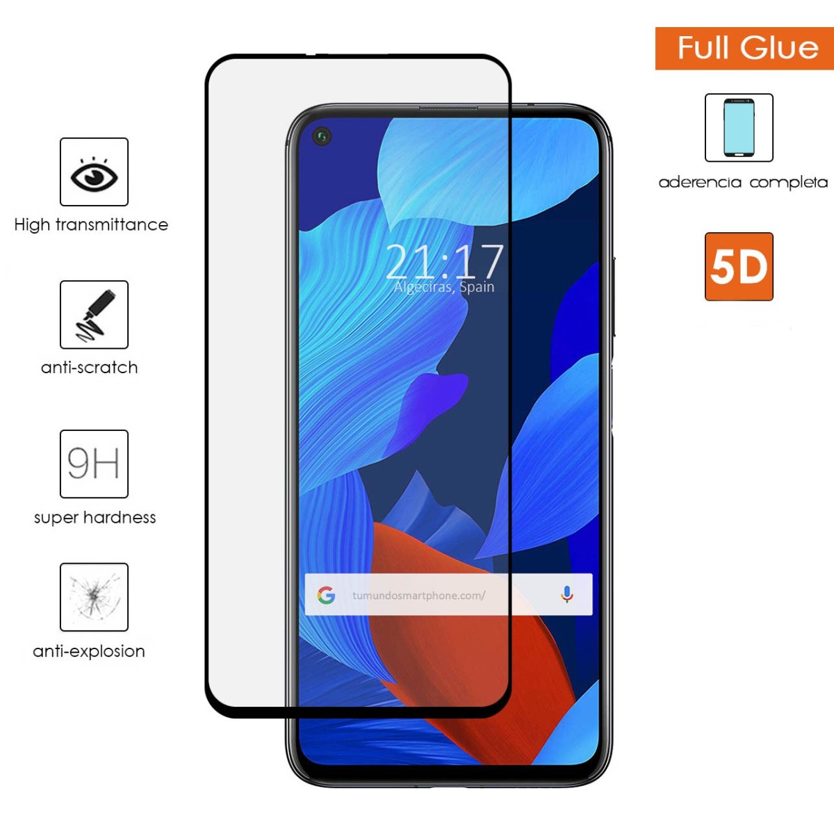 Protector Cristal Templado Completo 5D Full Glue Negro para Huawei Nova 5T / Honor 20 Vidrio