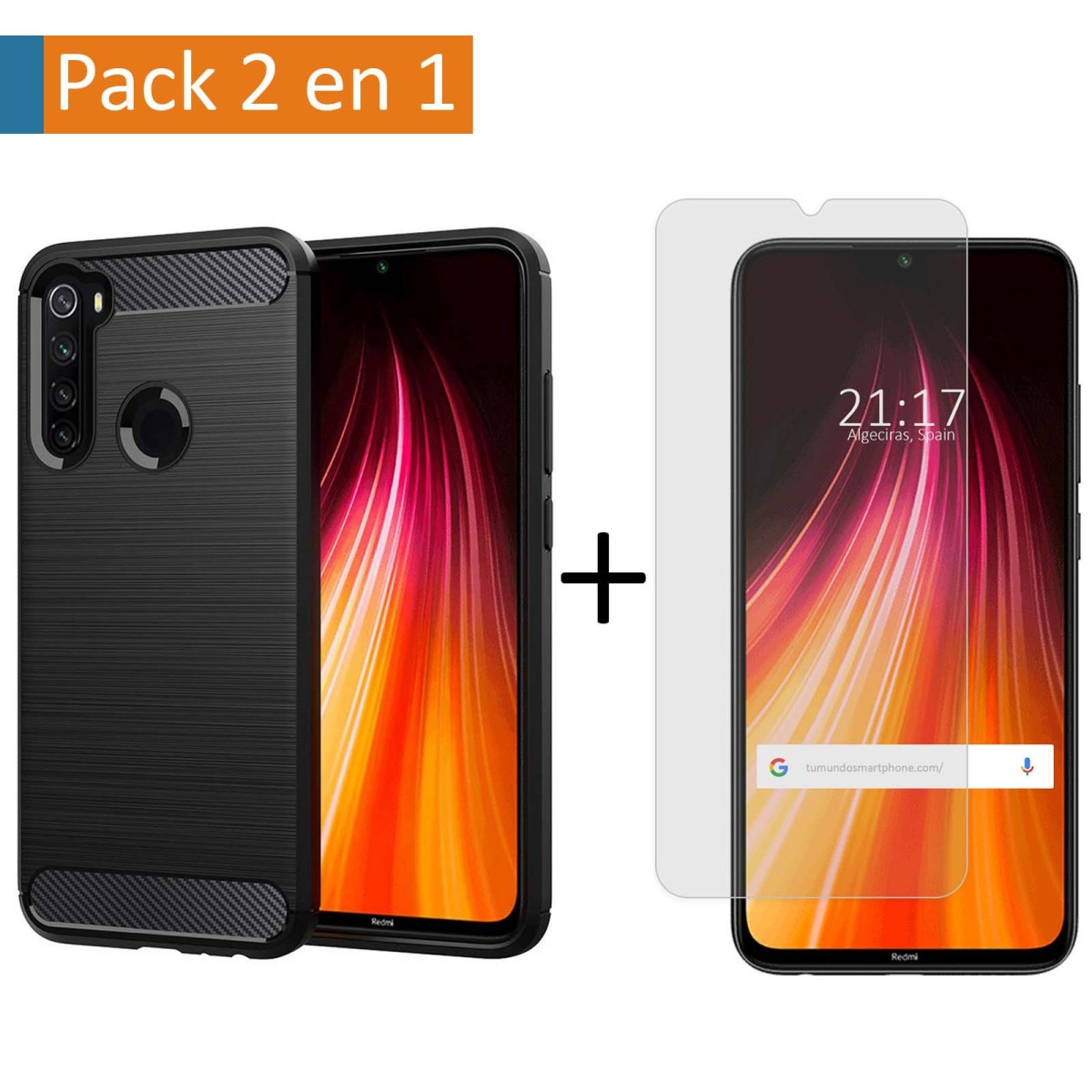 Pack 2 En 1 Funda Gel Tipo Carbono + Protector Cristal Templado para Xiaomi Redmi Note 8 (2019/2021)