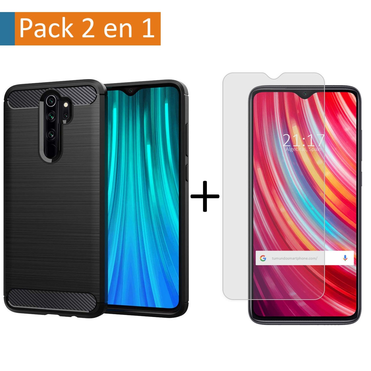 Pack 2 En 1 Funda Gel Tipo Carbono + Protector Cristal Templado para Xiaomi Redmi Note 8 Pro