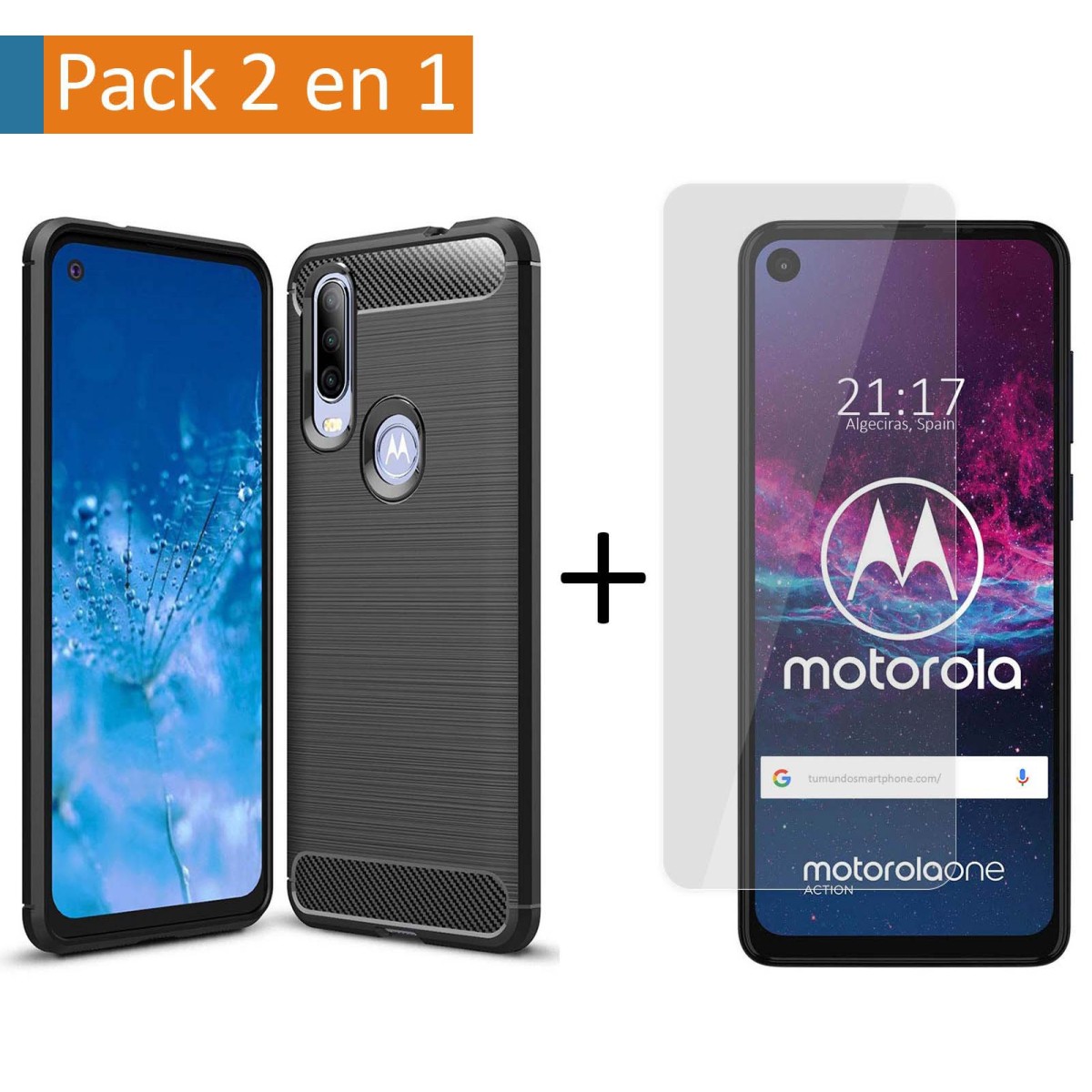 Pack 2 En 1 Funda Gel Tipo Carbono + Protector Cristal Templado para Motorola One Action