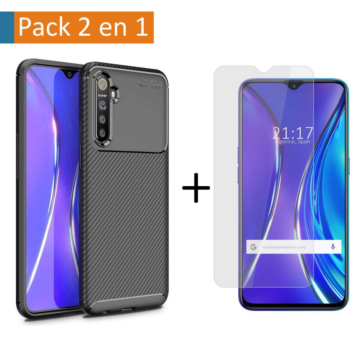 Pack 2 En 1 Funda Gel Tipo Carbono + Protector Cristal Templado para Realme X2