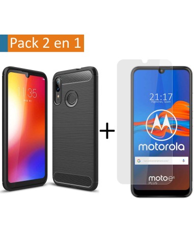 Pack 2 En 1 Funda Gel Tipo Carbono + Protector Cristal Templado para Motorola Moto E6 Plus