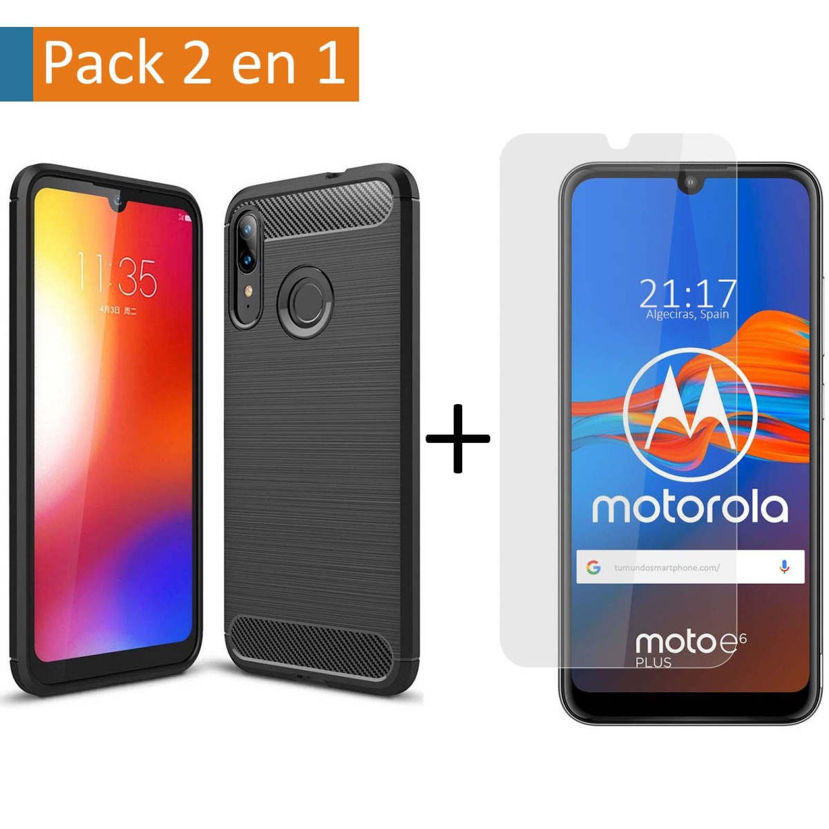 Pack 2 En 1 Funda Gel Tipo Carbono + Protector Cristal Templado para Motorola Moto E6 Plus