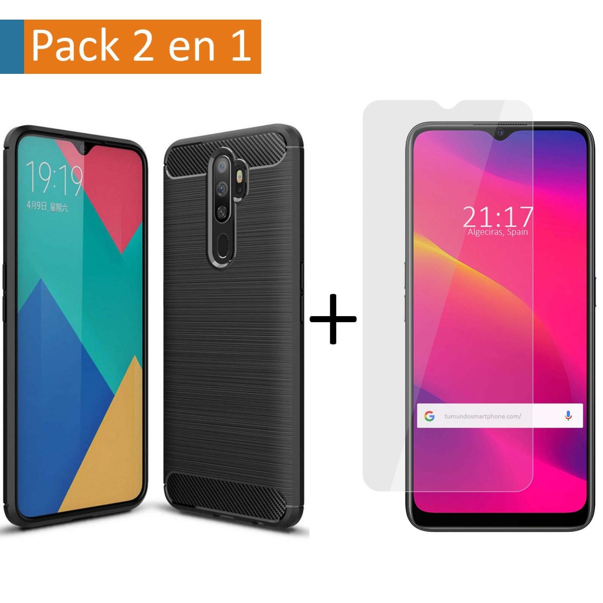Pack 2 En 1 Funda Gel Tipo Carbono + Protector Cristal Templado para Oppo A5 2020
