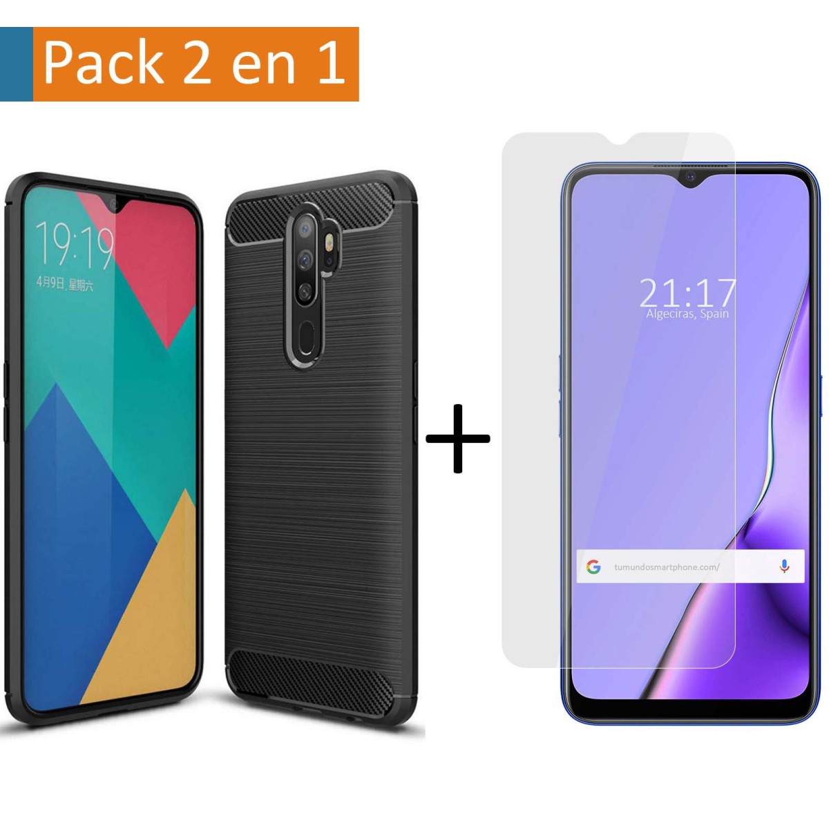 Pack 2 En 1 Funda Gel Tipo Carbono + Protector Cristal Templado para Oppo A9 2020