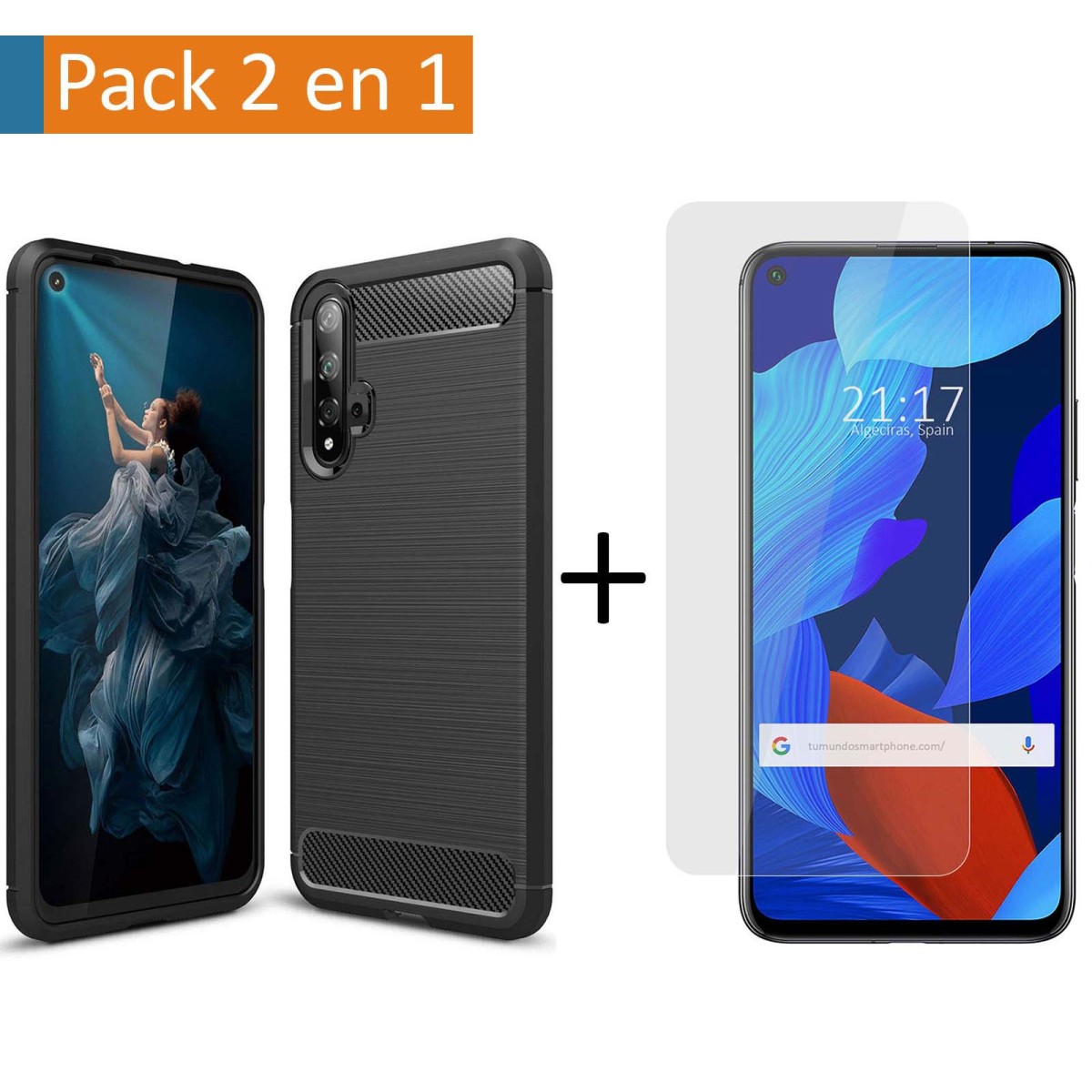 Pack 2 En 1 Funda Gel Tipo Carbono + Protector Cristal Templado para Huawei Nova 5T / Honor 20