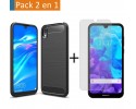 Pack 2 En 1 Funda Gel Tipo Carbono + Protector Cristal Templado para Huawei Y5 2019