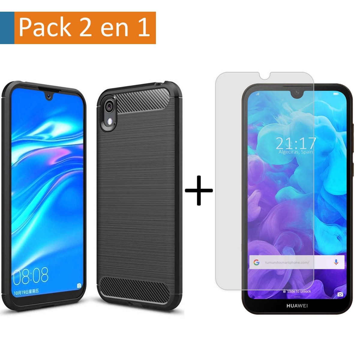 Pack 2 En 1 Funda Gel Tipo Carbono + Protector Cristal Templado para Huawei Y5 2019