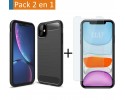 Pack 2 En 1 Funda Gel Tipo Carbono + Protector Cristal Templado para Iphone 11 (6.1)