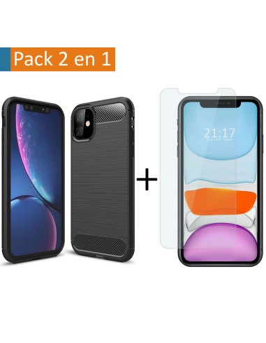 Pack 2 En 1 Funda Gel Tipo Carbono + Protector Cristal Templado para Iphone 11 (6.1)
