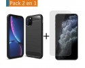 Pack 2 En 1 Funda Gel Tipo Carbono + Protector Cristal Templado para Iphone 11 Pro (5.8)