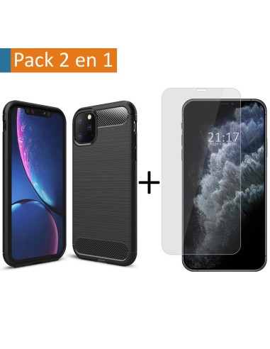 Pack 2 En 1 Funda Gel Tipo Carbono + Protector Cristal Templado para Iphone 11 Pro (5.8)