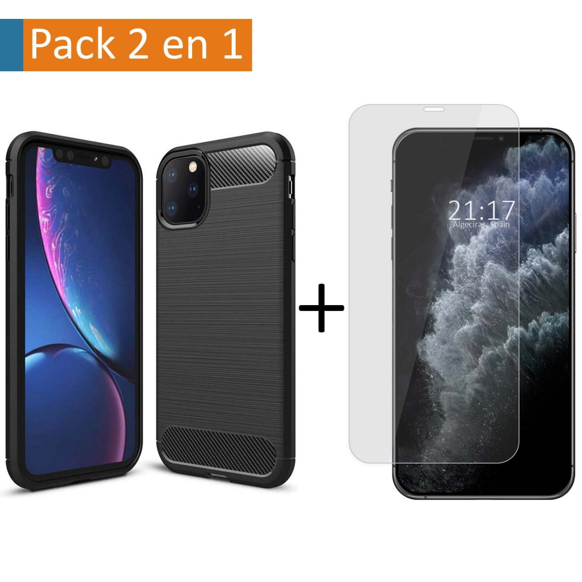 Pack 2 En 1 Funda Gel Tipo Carbono + Protector Cristal Templado para Iphone 11 Pro (5.8)