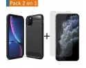 Pack 2 En 1 Funda Gel Tipo Carbono + Protector Cristal Templado para Iphone 11 Pro Max (6.5)