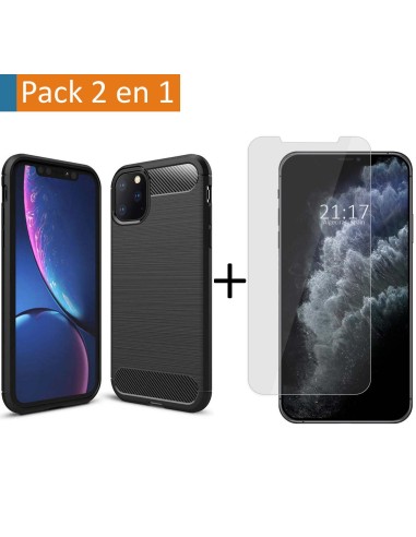 Pack 2 En 1 Funda Gel Tipo Carbono + Protector Cristal Templado para Iphone 11 Pro Max (6.5)