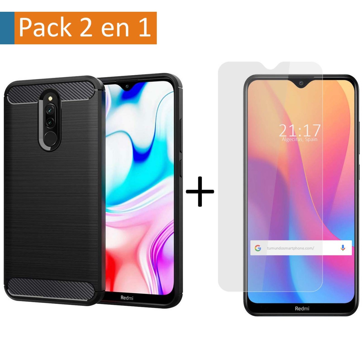 Pack 2 En 1 Funda Gel Tipo Carbono + Protector Cristal Templado para Xiaomi Redmi 8