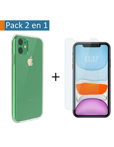 Pack 2 En 1 Funda Gel Transparente + Protector Cristal Templado para Iphone 11 (6.1)