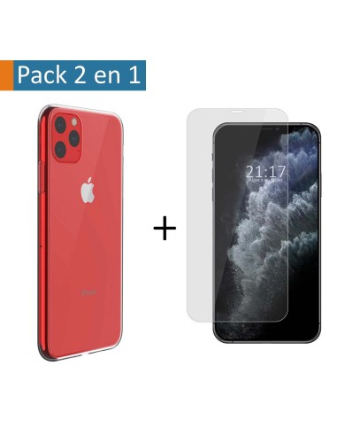 Pack 2 En 1 Funda Gel Transparente + Protector Cristal Templado para Iphone 11 Pro (5.8)