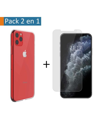 Pack 2 En 1 Funda Gel Transparente + Protector Cristal Templado para Iphone 11 Pro Max (6.5)