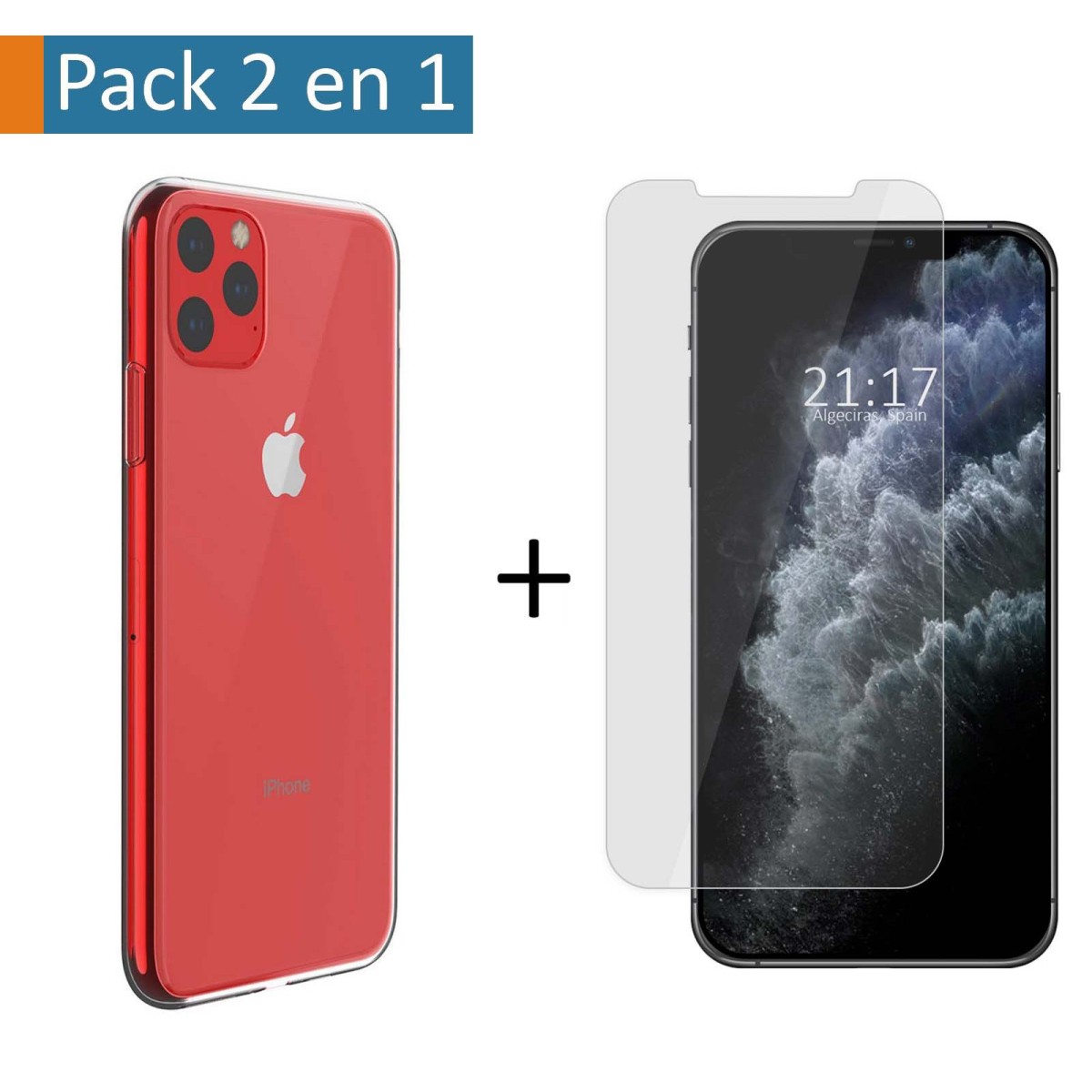Pack 2 En 1 Funda Gel Transparente + Protector Cristal Templado para Iphone 11 Pro Max (6.5)