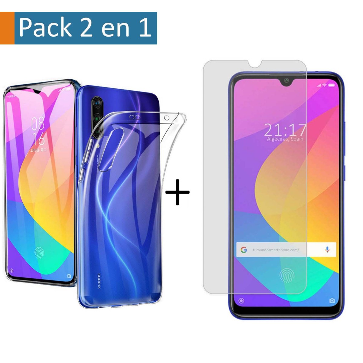 Pack 2 En 1 Funda Gel Transparente + Protector Cristal Templado para Xiaomi Mi 9 Lite