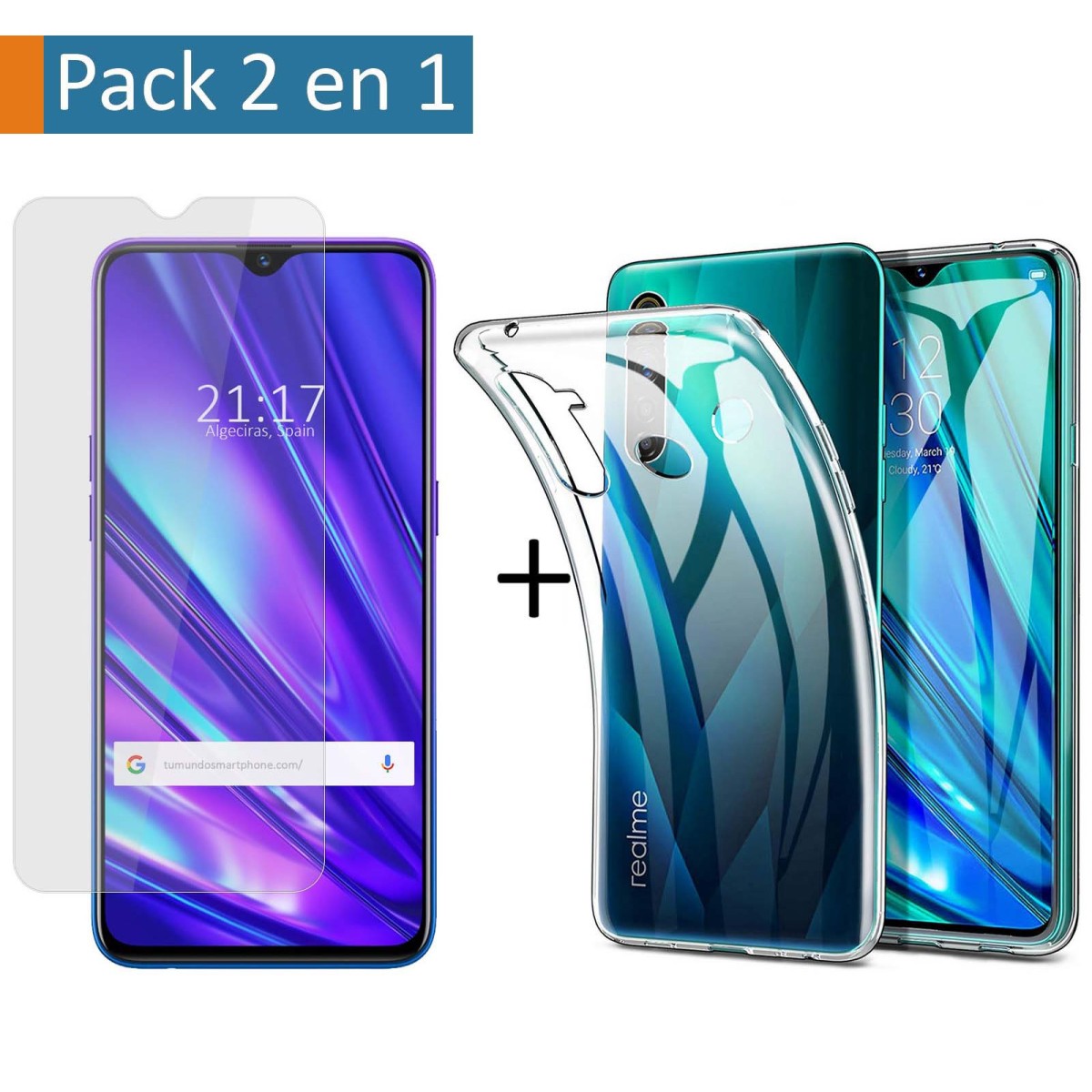 Pack 2 En 1 Funda Gel Transparente + Protector Cristal Templado para Realme 5 Pro