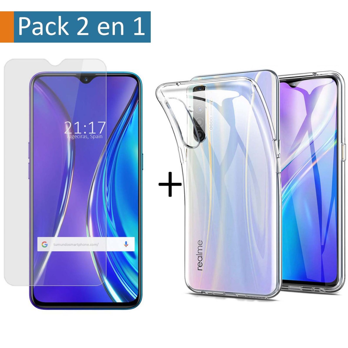 Pack 2 En 1 Funda Gel Transparente + Protector Cristal Templado para Realme X2