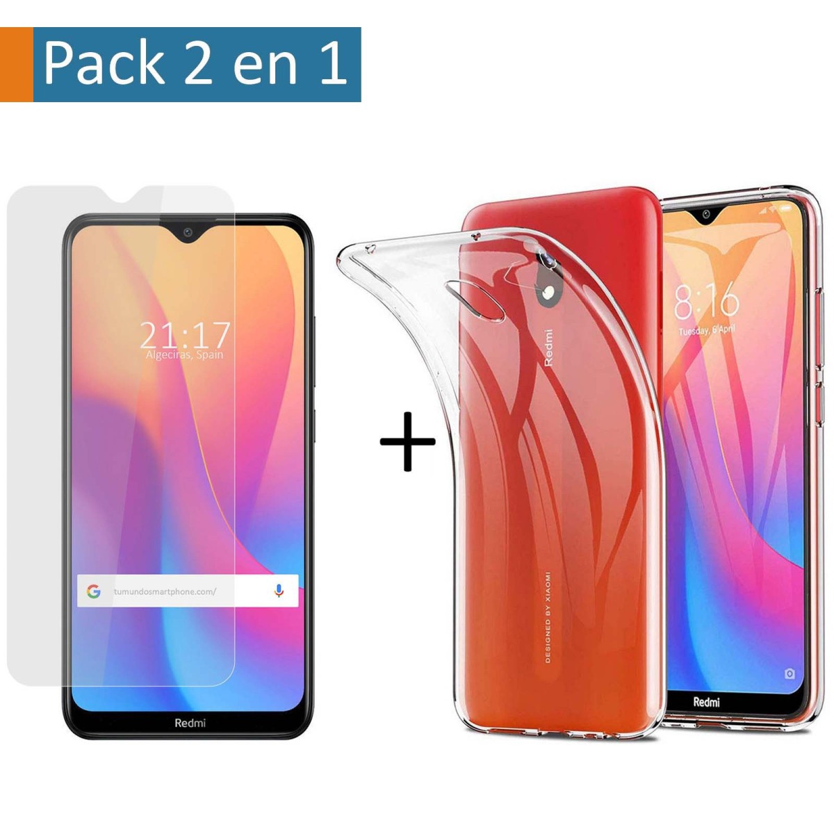 Pack 2 En 1 Funda Gel Transparente + Protector Cristal Templado para Xiaomi Redmi 8A