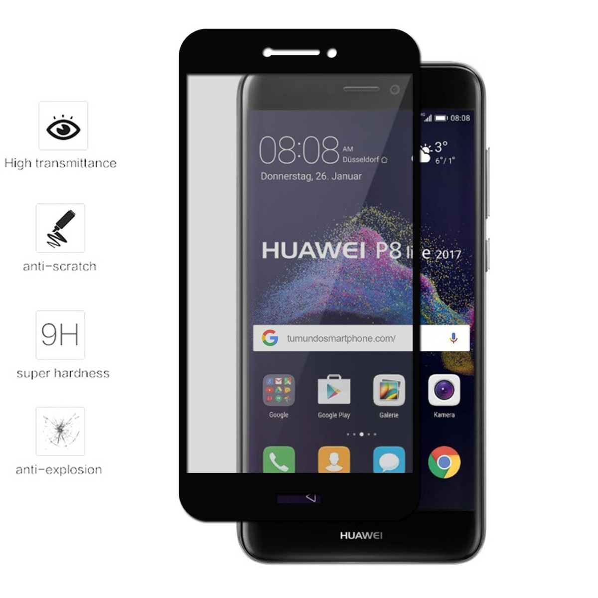 Protector Cristal Templado Frontal Completo Negro para Huawei P8 Lite 2017 Vidrio