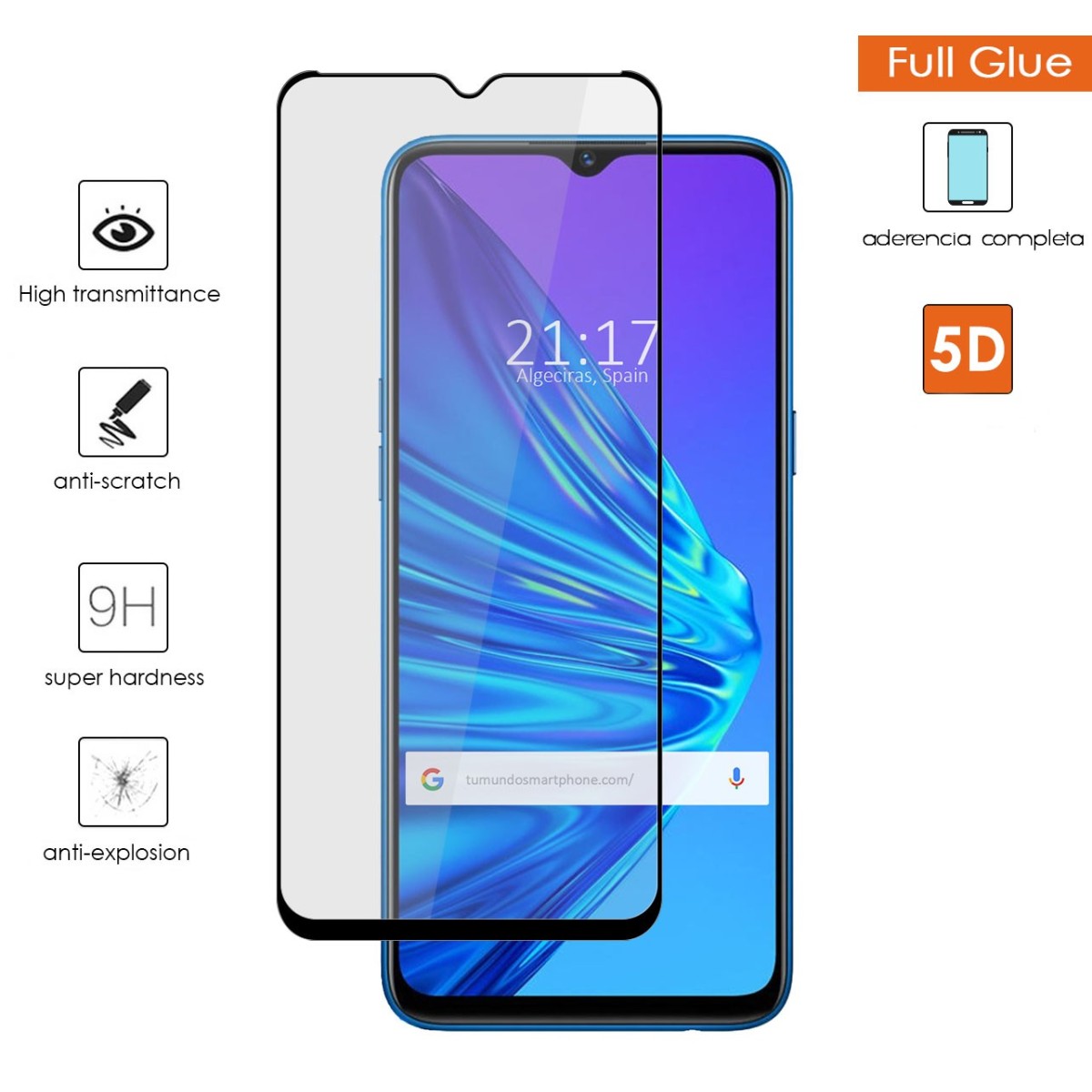 Protector Cristal Templado Completo 5D Full Glue Negro para Realme 5 / 5s / 5i / 6i Vidrio