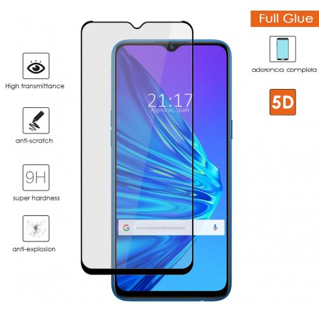 Protector Cristal Templado Completo 5D Full Glue Negro para Realme 5 / 5s / 5i / 6i Vidrio
