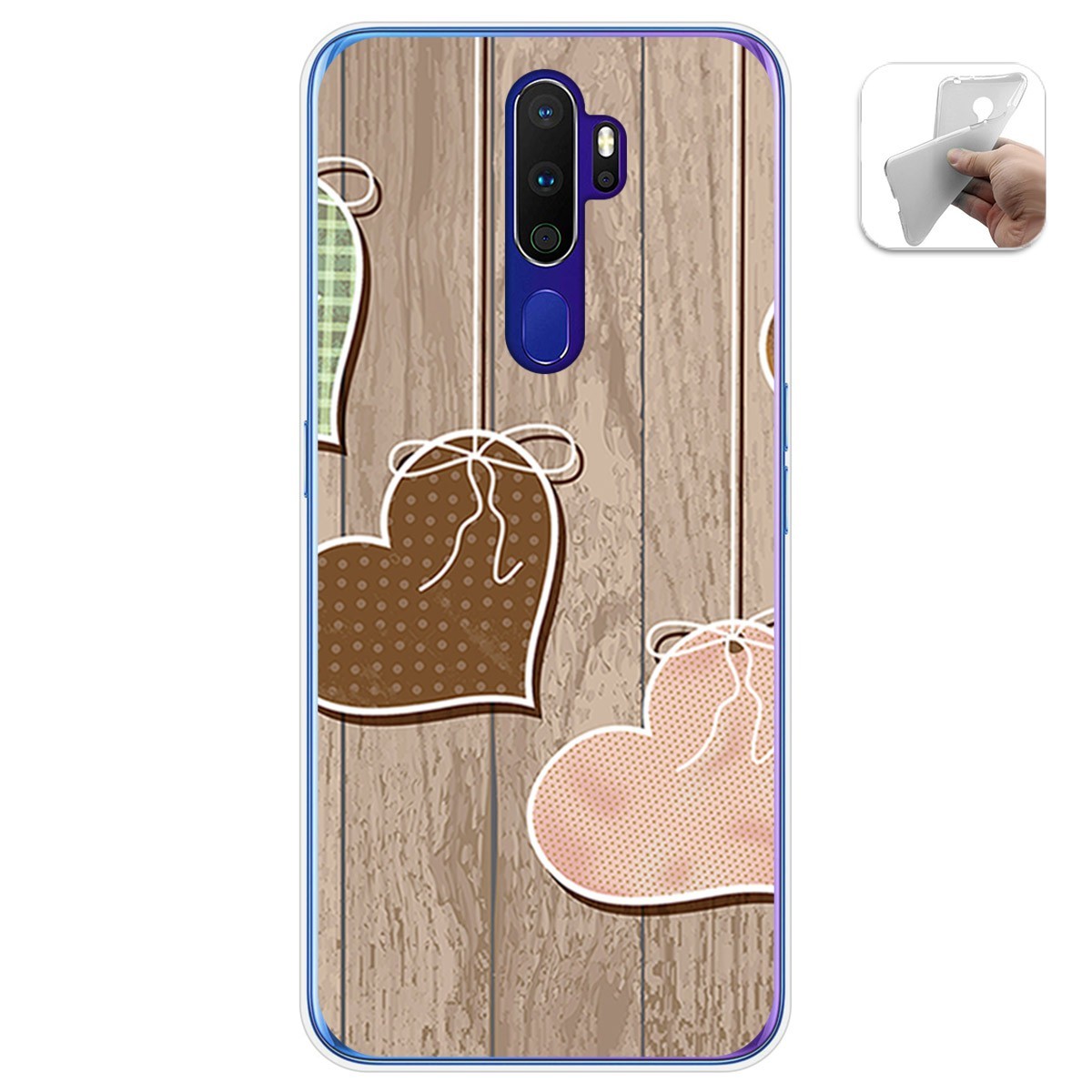 Funda Gel Tpu para Oppo A9 2020 diseño Corazones Madera Dibujos