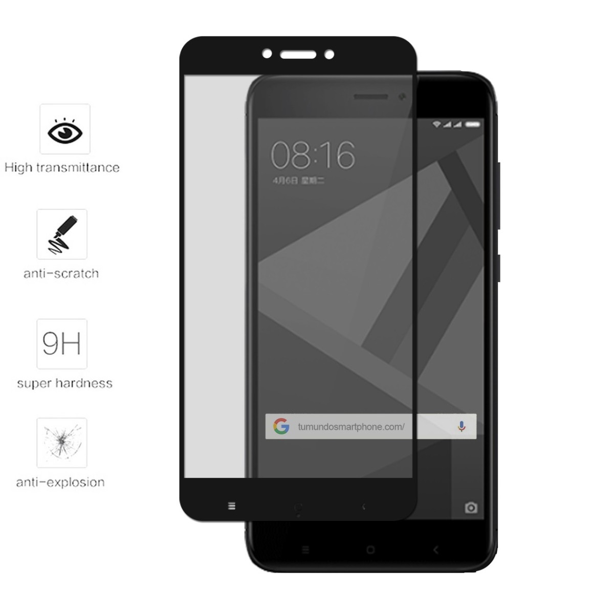 Protector Cristal Templado Frontal Completo Negro para Xiaomi Redmi 4X Vidrio