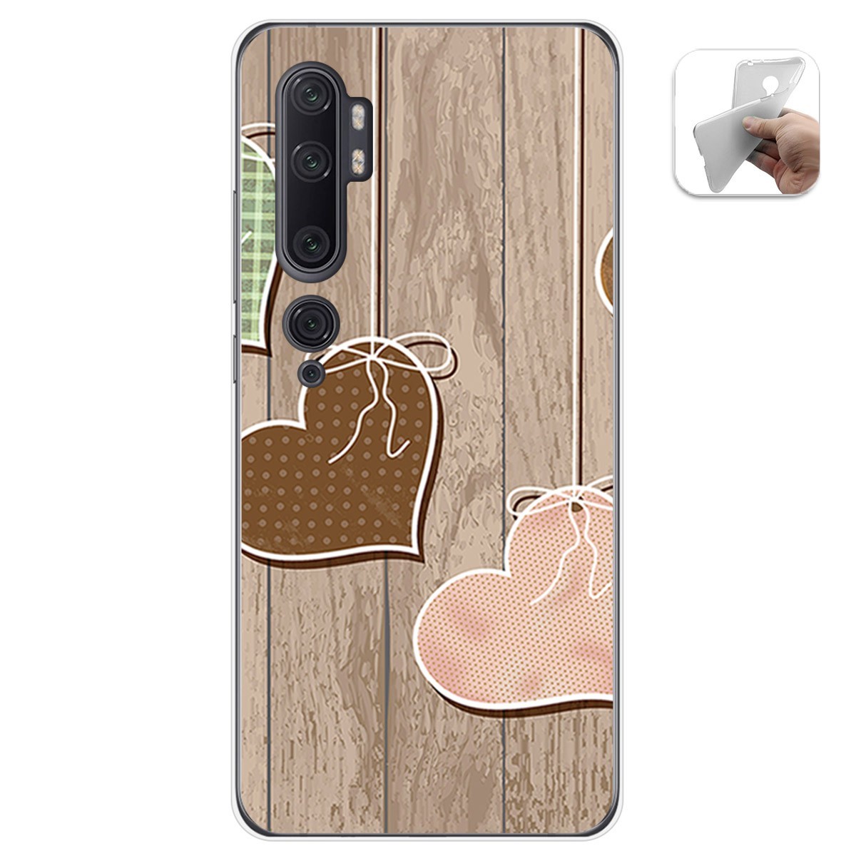 Funda Gel Tpu para Xiaomi Mi Note 10 diseño Corazones Madera Dibujos