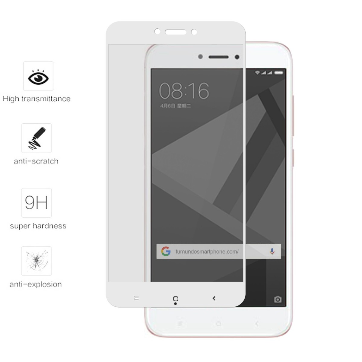 Protector Cristal Templado Frontal Completo Blanco para Xiaomi Redmi 4X Vidrio