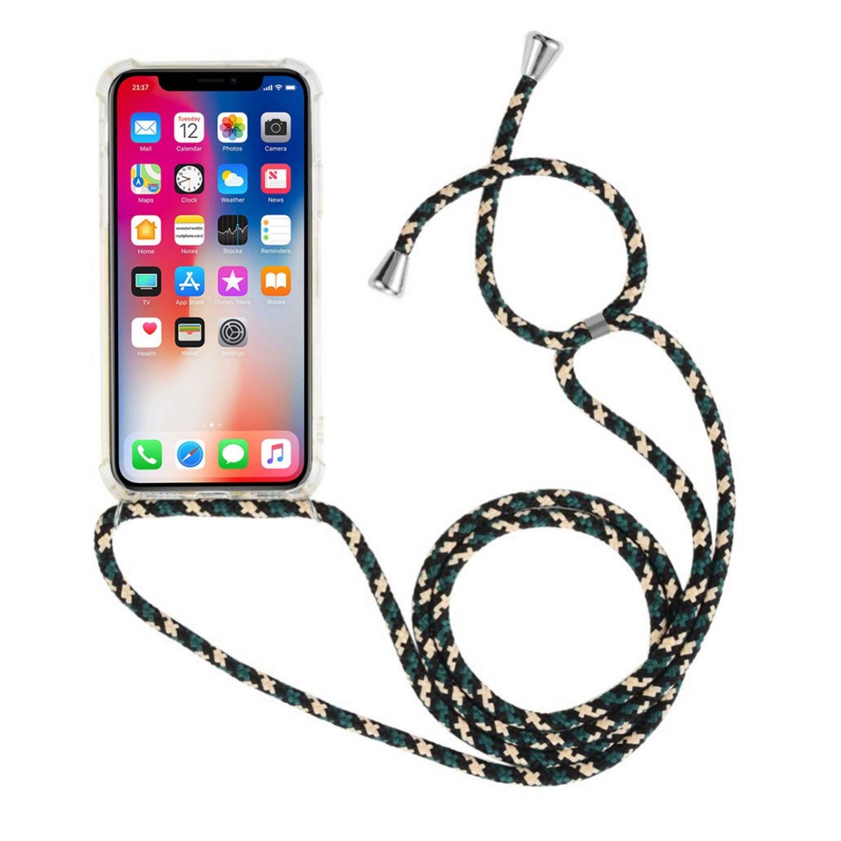 Funda Colgante Transparente para Iphone  X / Xs con Cordon Verde-Dorado