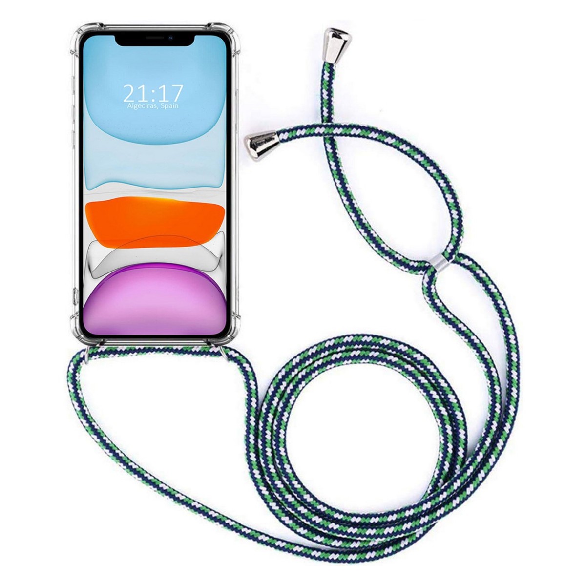 Funda Colgante Transparente para Iphone 11 (6.1) con Cordon Verde-Blanco