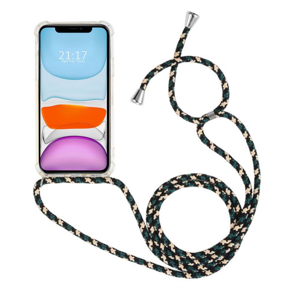 Funda Colgante Transparente para Iphone 11 (6.1) con Cordon Verde-Dorado