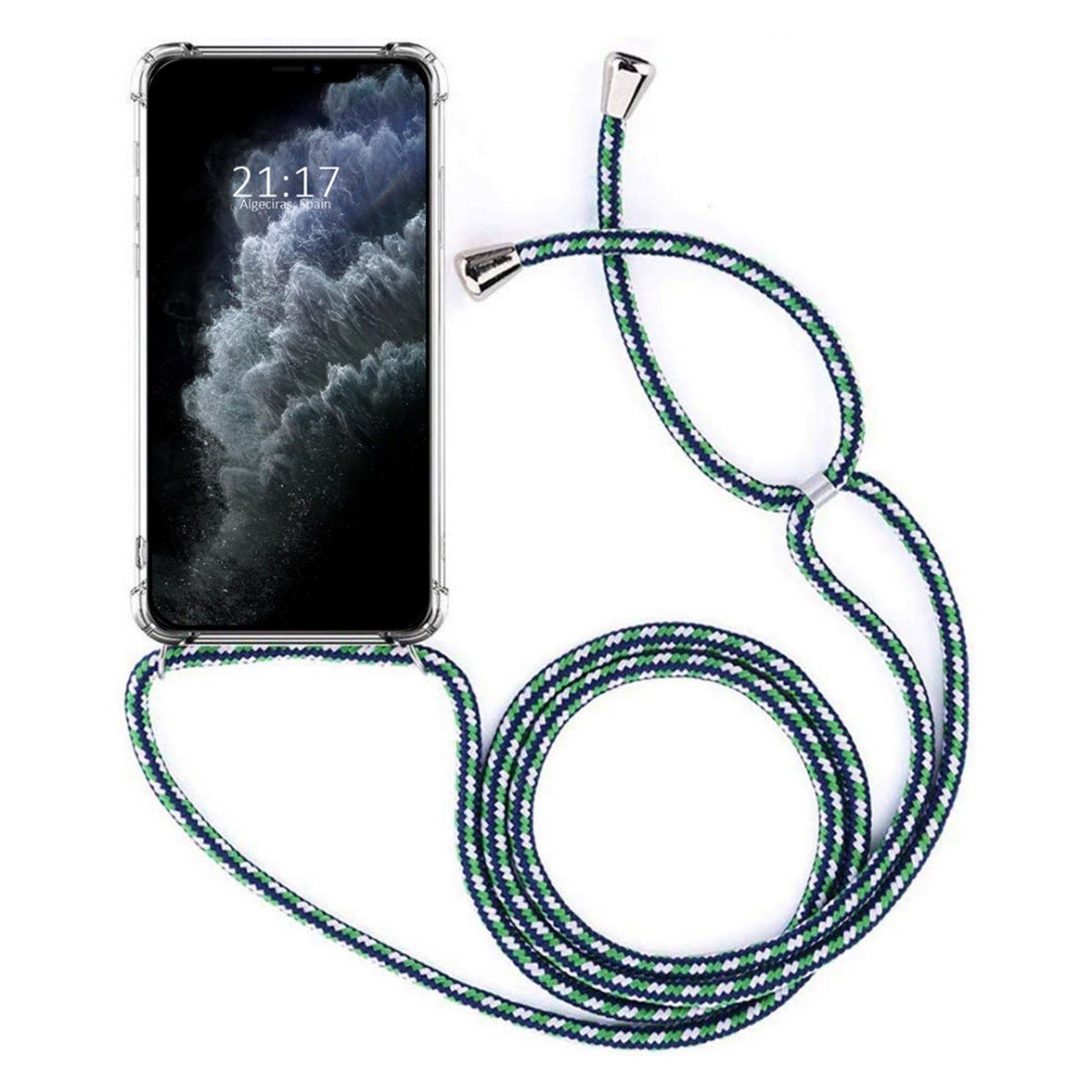 Funda Colgante Transparente para Iphone 11 Pro (5.8) con Cordon Verde-Blanco