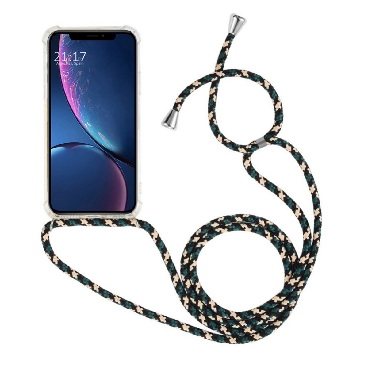Funda Colgante Transparente para Iphone Xr con Cordon Verde-Dorado