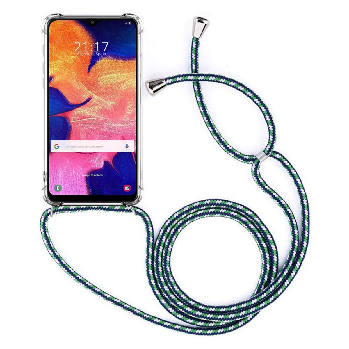 Funda Colgante Transparente para Samsung Galaxy A10 con Cordon Verde-Blanco