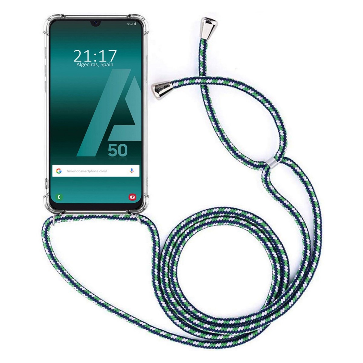 Funda Colgante Transparente para Samsung Galaxy A50  / A50s / A30s con Cordon Verde-Blanco