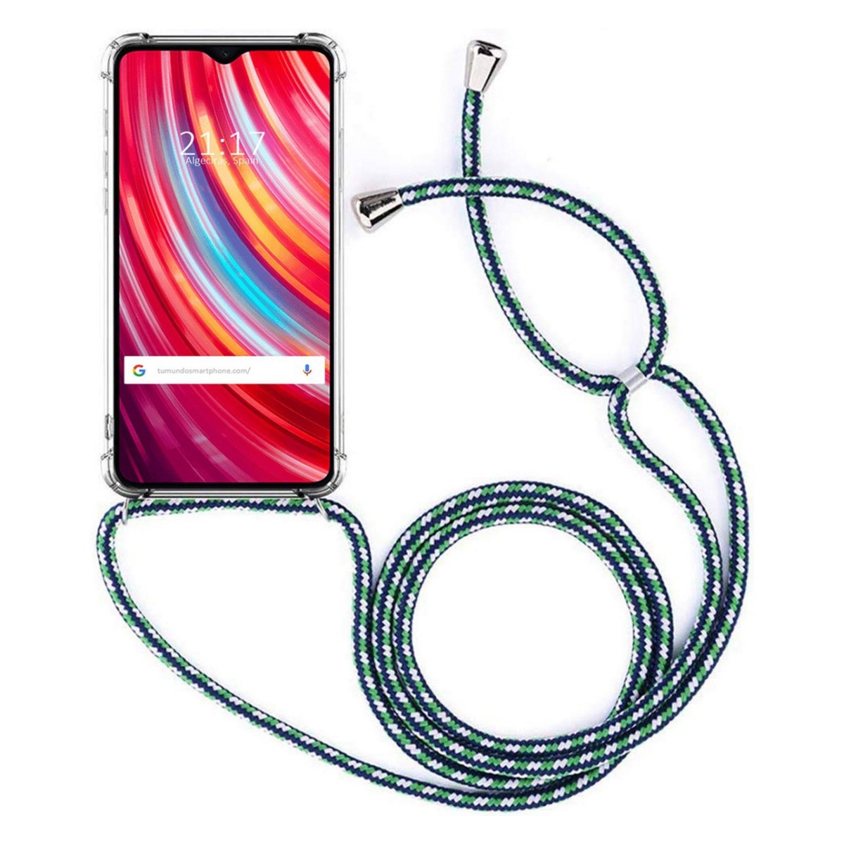Funda Colgante Transparente para Xiaomi Redmi Note 8 Pro con Cordon Verde-Blanco
