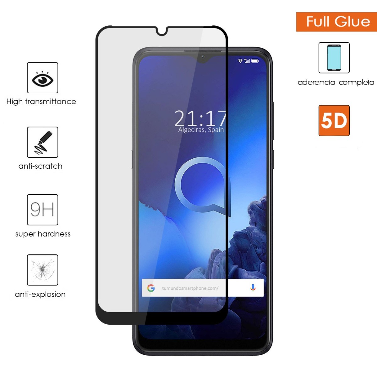Protector Cristal Templado Completo 5D Full Glue Negro para Alcatel 3X 2020 Vidrio
