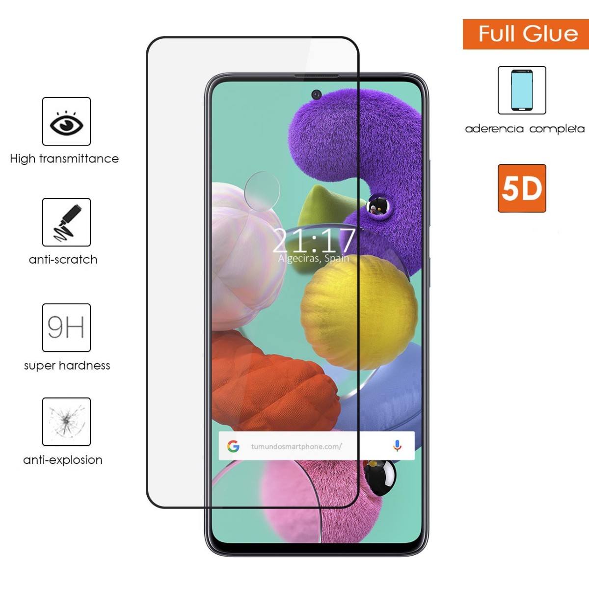 Protector Cristal Templado Completo 5D Full Glue Negro para Samsung Galaxy A51 Vidrio